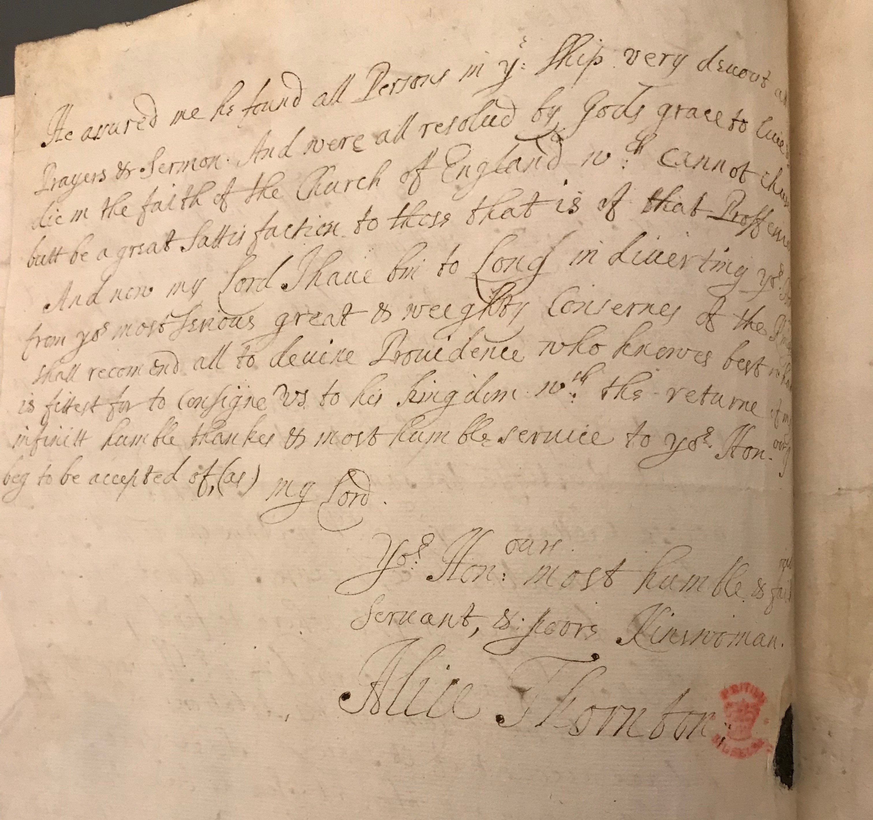 The full page of the overleaf of a letter, with Alice Thornton's signature